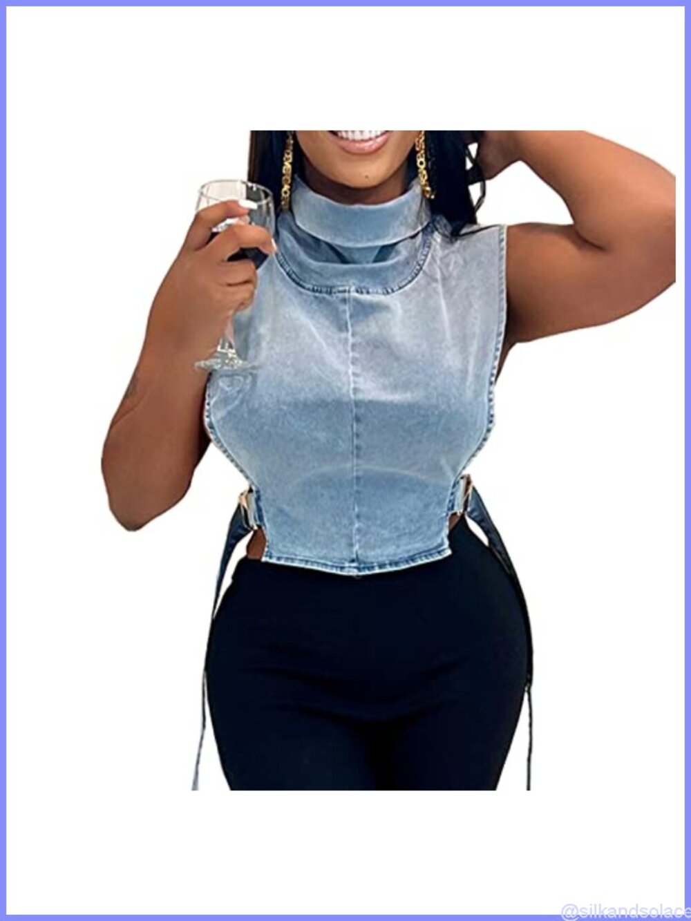 Women's Sleeveless Cropped Denim Jacket with Stand Collar & Buckle Details